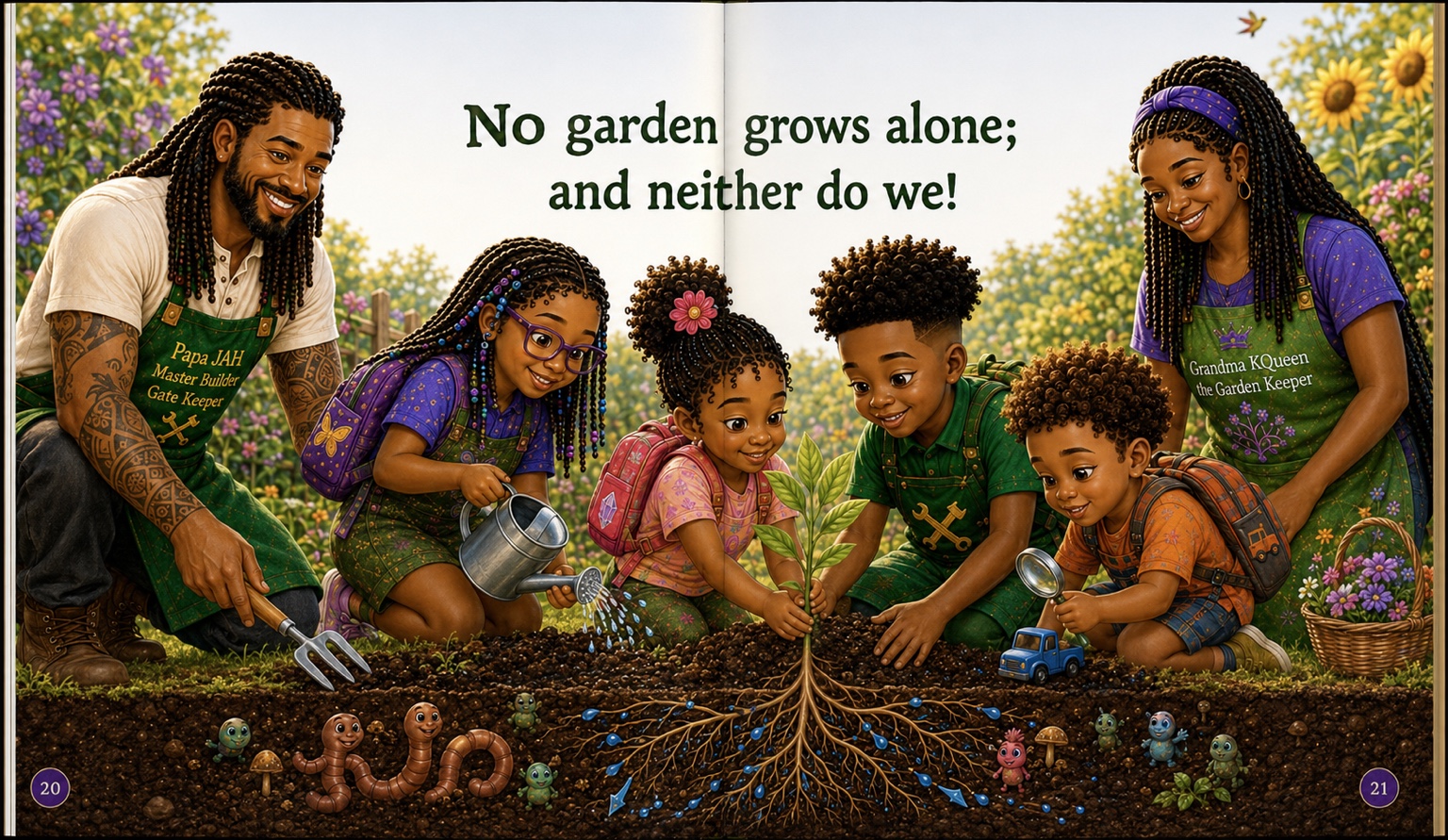 The family learning together above and below the garden soil