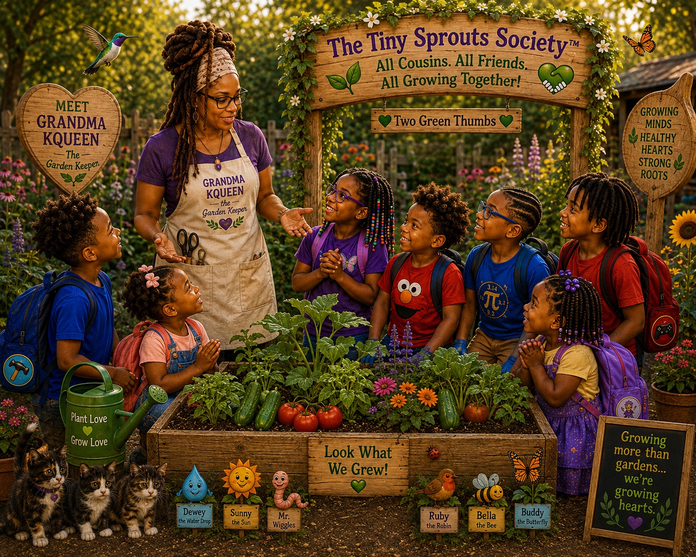 Grandma KQueen and all seven cousins learning together in the garden