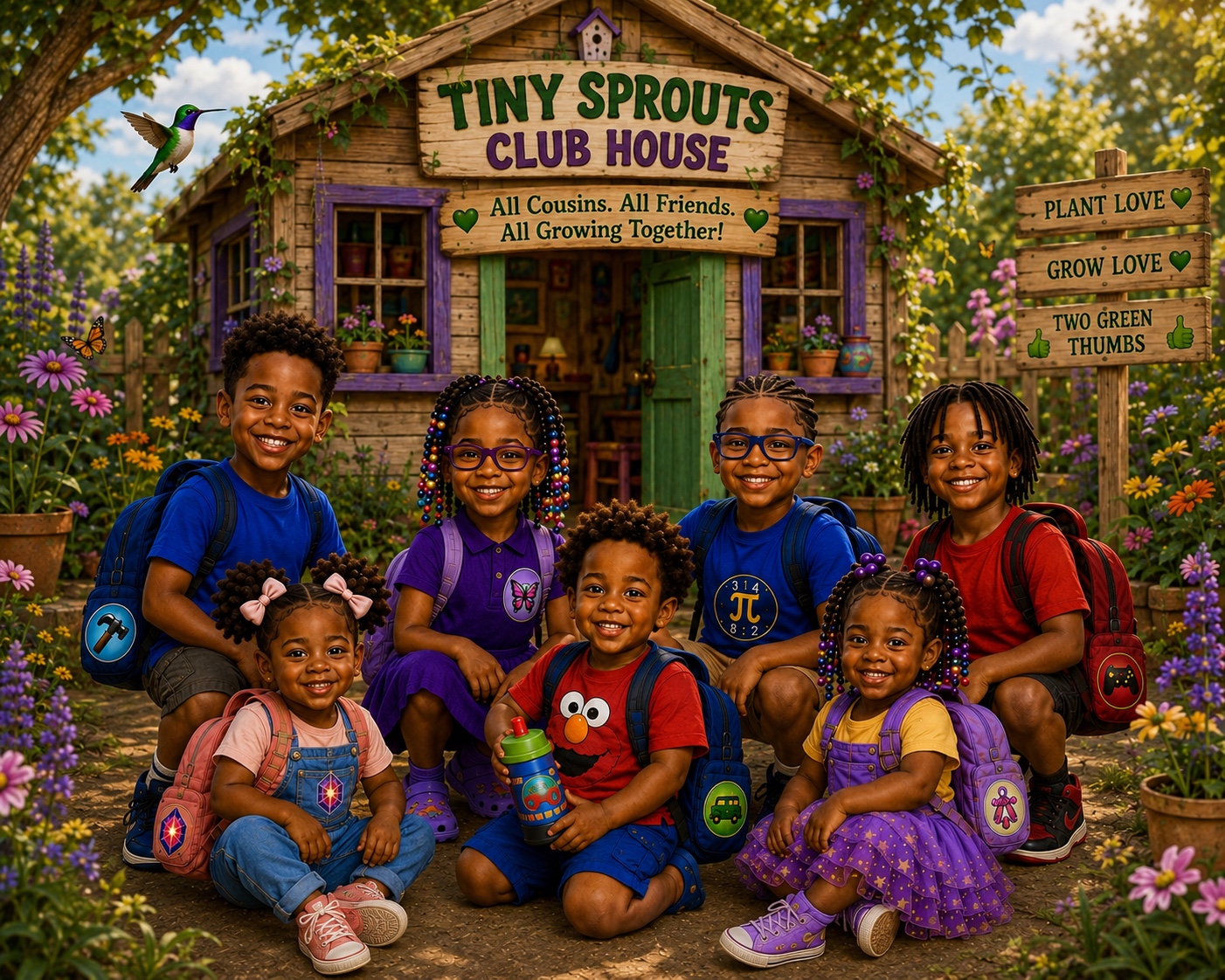The seven Tiny Sprouts cousins together at their clubhouse