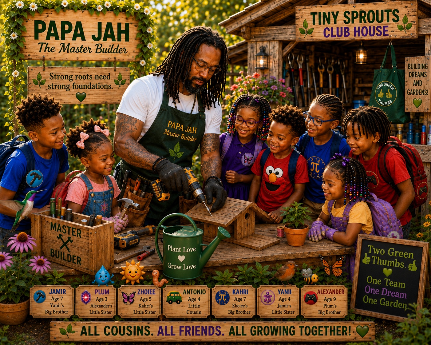 Papa JAH building with all seven cousins